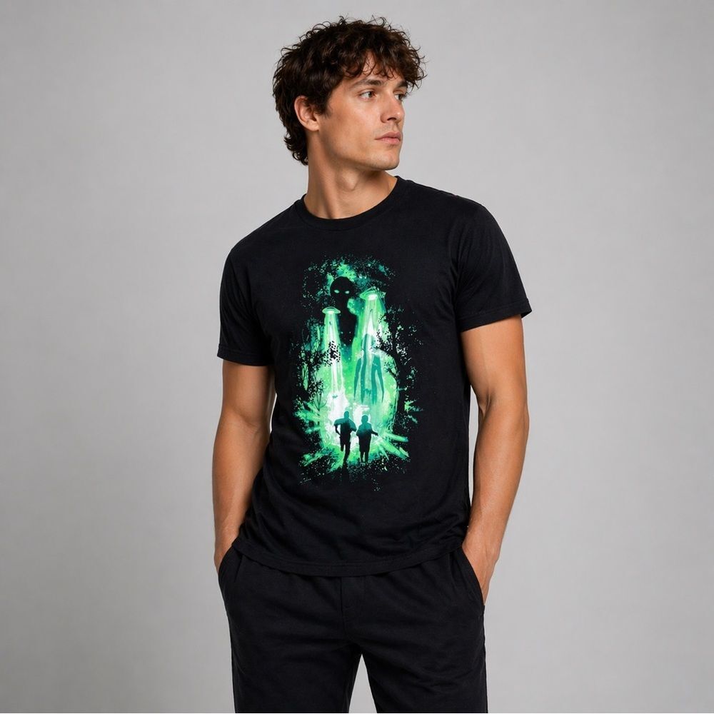 The X Files Black Graphic Tee Shirt with Neon Green Alien Scenes 100% Cotton M